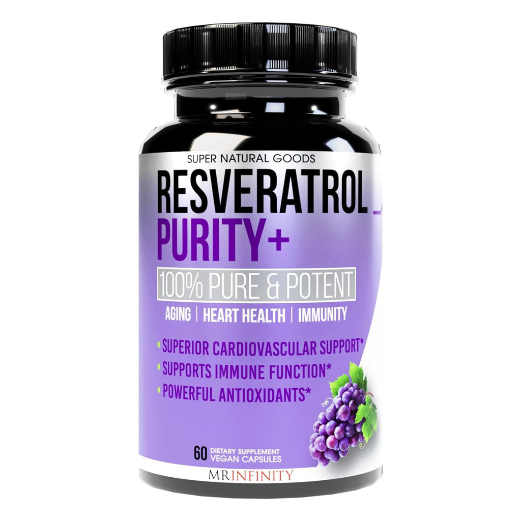 Resveratrol Purity+ Antioxidants Supplement, Anti Aging Support, Gut Health & Immune System - Purified Red Grape Extract for Men & Women - 60 Capsules