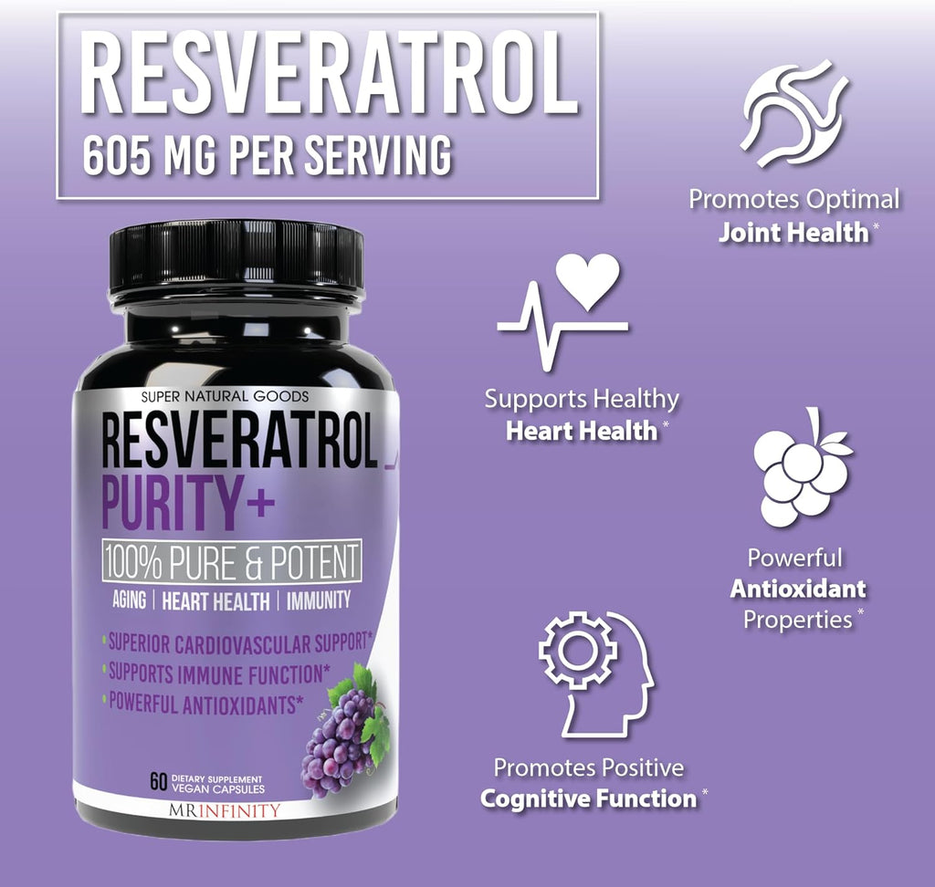 Resveratrol Purity+ Antioxidants Supplement, Anti Aging Support, Gut Health & Immune System - Purified Red Grape Extract for Men & Women - 60 Capsules