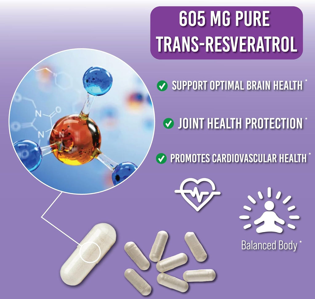 Resveratrol Purity+ Antioxidants Supplement, Anti Aging Support, Gut Health & Immune System - Purified Red Grape Extract for Men & Women - 60 Capsules