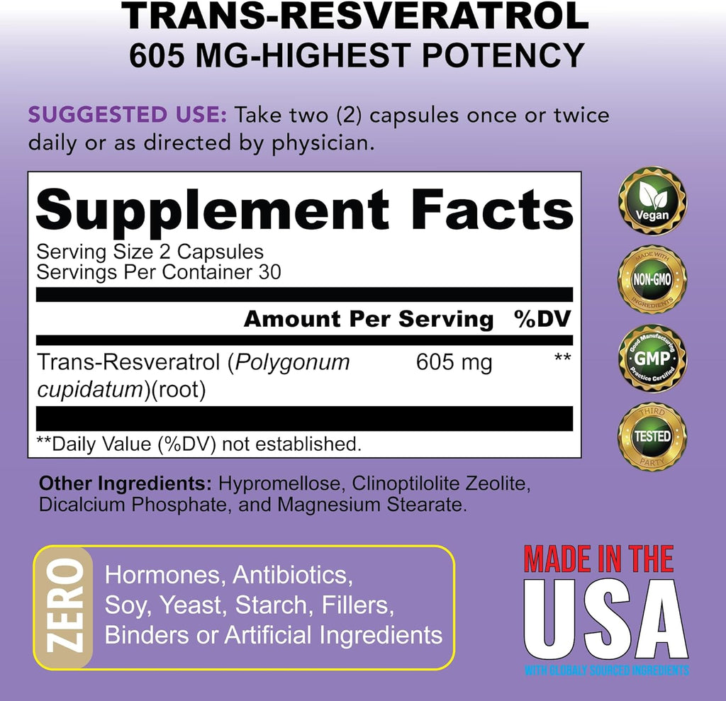 Resveratrol Purity+ Antioxidants Supplement, Anti Aging Support, Gut Health & Immune System - Purified Red Grape Extract for Men & Women - 60 Capsules