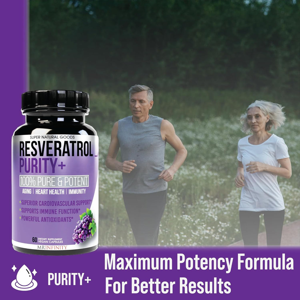 Resveratrol Purity+ Antioxidants Supplement, Anti Aging Support, Gut Health & Immune System - Purified Red Grape Extract for Men & Women - 60 Capsules